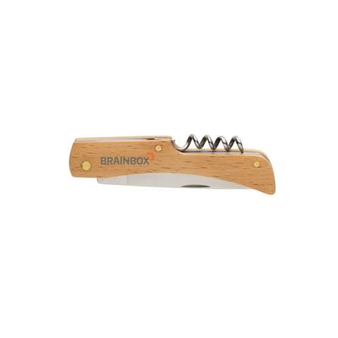 Foldable knife made with FSC 100% beech wood and high quality stainless steel (420) blade. On the reverse, there is a strong bottle opener. Rockwell hardness 42-52. Blade is food safe. Packed in FSC mix kraft box<br /><br />PVC free: true