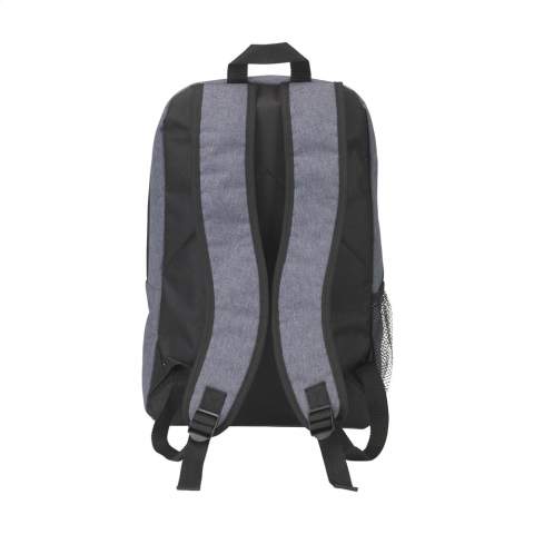 Backpack made of 600D/300D polyester. With royal main storage, front pocket with zipper, mesh pocket, adjustable, padded mesh shoulder straps, padded backside and hanging loop.