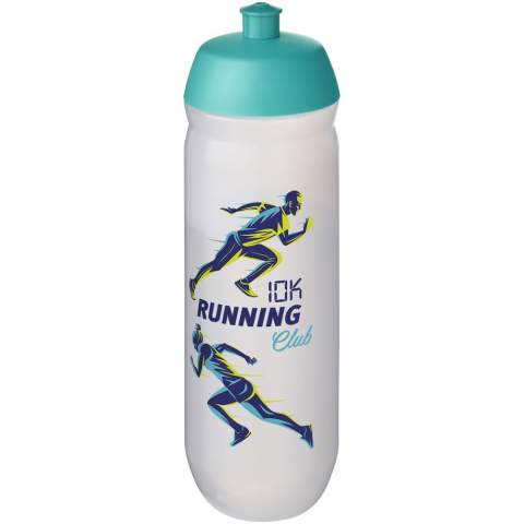 Enkelwandige drinkfles met afschroefbare sportdop. Deze knijpfles is gemaakt van flexibel MDPE-plastic en is perfect voor sportieve omgevingen. Inhoud 750 ml. Gemaakt in het Verenigd Koninkrijk. BPA-vrij. Voldoet aan EN12875-1 en is vaatwasmachinebestendig.