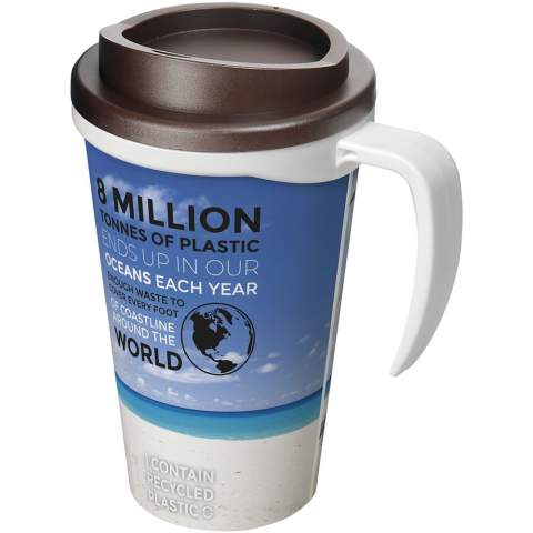 Double-wall insulated mug with twist-on lid and integrated handle. The outer layer of the mug is made from recycled plastic. Mug features a full colour wraparound design moulded to the product, making it long-lasting and durable. EN12875-1 compliant, dishwasher safe, and microwave safe. Volume capacity is 350 ml. Mug is fully recyclable. Mix and match colours to create your perfect mug. Contact customer service for additional colour options. Made in the UK. Presented in a white gift box. BPA-free.