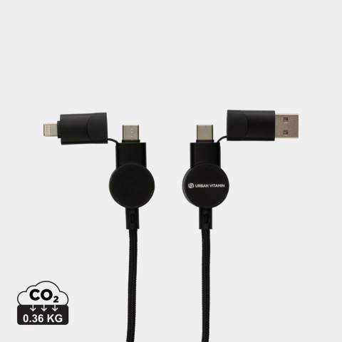 Always charge using the fastest charging speed possible with the Oakland fast charging cable. Made with certified recycled materials. The case is made out of 100% RCS certified recycled TPE plastic and the wire from 100% recycled TPE  inner material and 100% recycled PET outer layer. RCS (Recycled Claim Standard) is a standard to verify the recycled content of a product throughout the whole supply chain. RCS is the standard that is used when a part of the item has been made from recycled materials. The 120 cm cable has 5 different connectors: USB C in, USB A in, type C out, IOS out and micro USB out. This also allows you to use the cable with type C output devices that are included in the newer generation of phones and macbook computers. The cable also has a USB A output input option so it can charge any device from any output source. Max current type C to lightning 18W. Max current type C to type C 45W. Urban Vitamin items are made without PVC and packed in plastic reduced packaging.<br /><br />PVC free: true