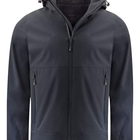 Wind- en waterafstotende softshell jas. Omgedraaide, waterdichte ritssluiting vooraan en aan de zijzakken. Binnenzak aan de linkerzijde met ritssluiting. Afneembare capuchon. Aanpasbare velcro sluiting aan de manchetten. De capuchon en de zoom zijn aanpasbaar met elastische trekkoorden. Verborgen ritssluiting aan de binnenzijde voor print- en of borduring.