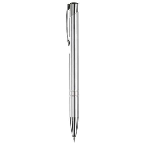 Eleganter Aluminium Druckbleistift (0,7mm), mit 2 Chromringen an der Griffzone.