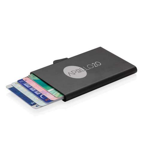 This solid aluminium card holder protects your most important cards against electronic pickpocketing. No more broken or bent cards. It can hold up to 7 cards or 5 embossed cards. Easy side slider will push the cards up gradually.