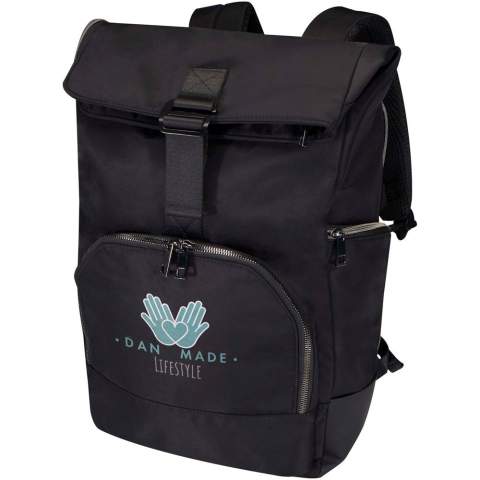 De Rhine rolltop rugzak stelt je in staat om naadloos te schakelen tussen werk en vrije tijd met zijn strakke stijl en veelzijdigheid. Gemaakt van hoogwaardig GRS gecertificeerd gerecycled nylon, zachte RPET-voering en premium PU-leren elementen. De rugzak heeft een speciaal 15 inch laptopvak met 2 extra vakken voor elektronische accessoires, een hoofdvak met een praktische L-ritsopening en 2 vakken, een organisatievak met rits aan de voorkant en een zijvak. Geniet van maximaal draagcomfort met de gewatteerde en verstelbare schouderbanden en het met PU omwikkelde handvat aan de bovenkant. Inhoud: 18 liter. Geschikt voor een gewicht tot 10 kg. PVC-vrij.