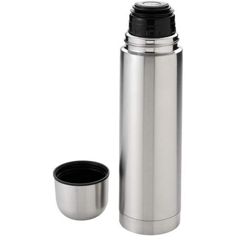 Double walled insulated flask with cup lid. Single-hand, push-button pour spout which closes automatically when screwing the cup lid on to the bottle. Volume capacity is 750 ml.