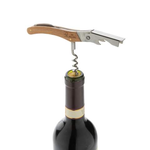 Professional corkscrew made with FSC 100% beech wood and high hardness and corrosion resistant stainless steel (420). Rockwell hardness 45-55. The item comes with 3 functions: Bottle opener, Cork screw & Foil cutter. Packed in FSC mix kraft box.<br /><br />PVC free: true