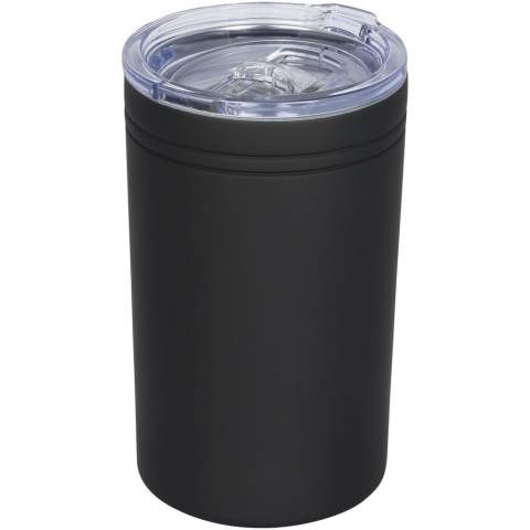 Double-wall construction, vacuum insulated. Clear, press-on lid with slide closure. Works as a tumbler or drink insulator. Volume capacity is 330 ml.