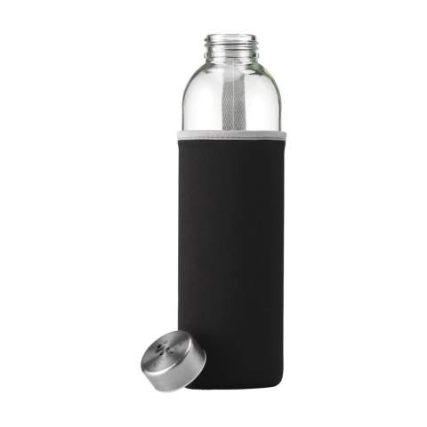 Slim, leak proof water bottle made from soda-lime glass with stainless steel screw cap. With neoprene sleeve to carry the bottle comfortably. The glass bottle is dishwasher safe with the exception of the screw cap. Capacity 750 ml. Packed individually.