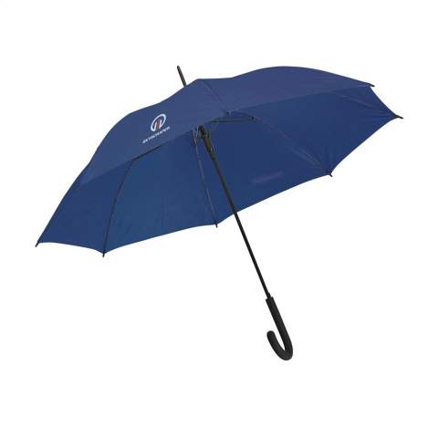Umbrella with automatic telescopic opening. Features a 190T polyester canopy, fibreglass frame, metal stem, velcro closure and a classic curved handle.