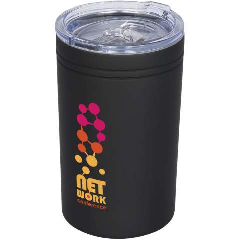 Double-wall construction, vacuum insulated. Clear, press-on lid with slide closure. Works as a tumbler or drink insulator. Volume capacity is 330 ml.