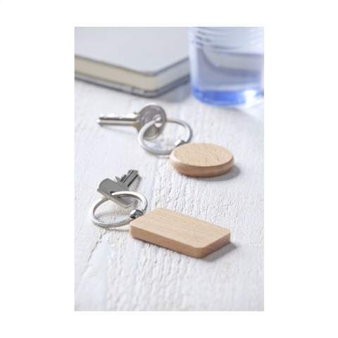 Round, solid beech wooden keychain with sturdy keyring. Each item is supplied in an individual brown cardboard envelope.