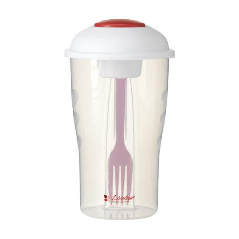 Salad shaker made of sturdy plastic. With removable lid, tray for dressing and fork. Also suitable for vegetable salads and pasta salads. Capacity 900 ml.