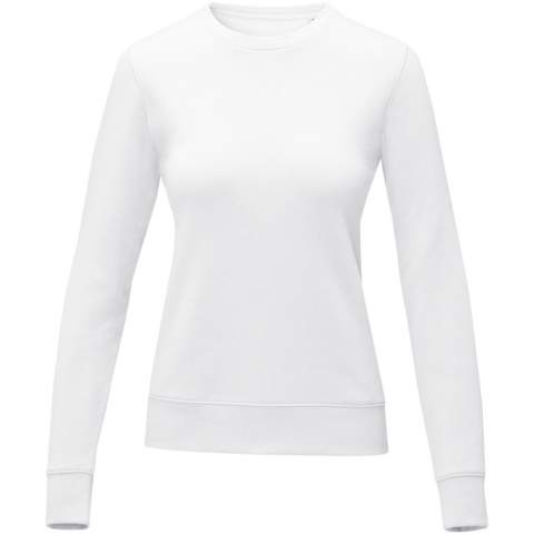 The Zenon women's crewneck sweater – combines comfort with a classic design. Made from a 240 g/m² blend of cotton and polyester. The classic crew neck design is accentuated by flat knit rib details on the collar, cuffs, and bottom hem, providing a snug fit and a touch of sophistication. Additionally, the interior custom branding options allow personalised branding or customisation inside the sweater. The brushed interior adds an extra layer of coziness, making it perfect for colder days. With its thoughtful design and quality materials, the Zenon sweater is a versatile essential that adds a dash of individuality to your look while ensuring maximum comfort. This sweater is designed with a fitted shape for a feminine look. 