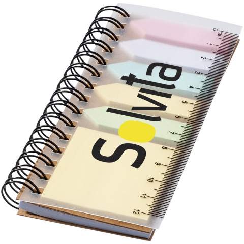 Spinner spiral notebook with coloured sticky notes. Booklet of 25 sticky notes in 5 colours, a sticky notepad with 25 pages and 40 pages of lined, white paper. Includes ruler on the front cover.