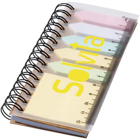 Spinner spiral notebook with coloured sticky notes. Booklet of 25 sticky notes in 5 colours, a sticky notepad with 25 pages and 40 pages of lined, white paper. Includes ruler on the front cover.