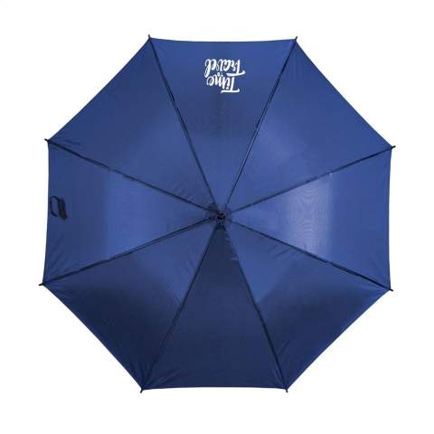 Umbrella with automatic telescopic opening. Features a 190T polyester canopy, fibreglass frame, metal stem, velcro closure and a classic curved handle.