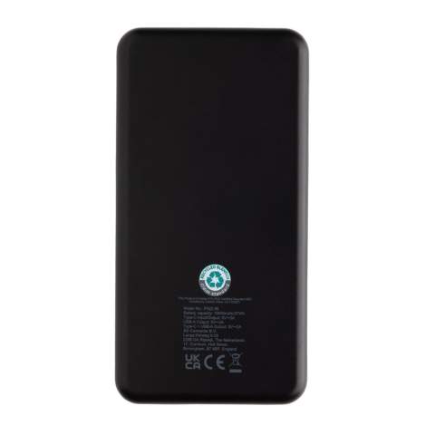 Batterie de secours 10.000mAh avec port d'entrée/sortie USB C et port USB A supplémentaire. Le boîtier est fabriqué en plastique ABS recyclé certifié RCS. RCS (Recycled Claim Standard) est une norme qui permet de vérifier le contenu recyclé d'un produit tout au long de la chaîne d'approvisionnement. Contenu recyclé total : 21 % sur la base du poids total de l'article. Le powerbank contient une batterie lithium-polymère longue durée de classe A de 10.000 mAh. Les indicateurs de puissance indiquent le niveau d'énergie restant afin que vous sachiez toujours quand recharger. Entrée Type-C 5V/2,4A ; USB A : sortie 5V/2,4A, sortie Type C:5V/2A Article et accessoires sans PVC. Câble de recharge en TPE recyclé certifié RCS inclus. Emballé dans un emballage FSC® mix.<br /><br />PowerbankCapacity: 10000<br />PVC free: true