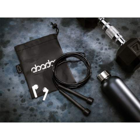 PVC sports jump rope. 270 cm in length with plastic handles. Supplied with a pouch made from 210D RPET material.