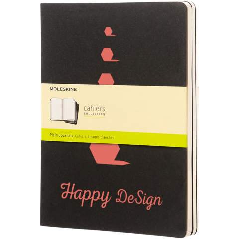 Features cardboard cover with rounded corners. Visible stitching to spine, with flap for collecting loose notes. Contains 120 70gsm ivory-coloured plain pages. Last 16 sheets are detachable. Pages are also available with ruled, dotted and squared paper.