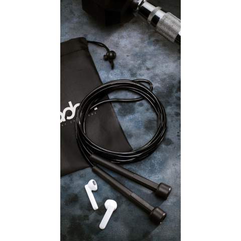 PVC sports jump rope. 270 cm in length with plastic handles. Supplied with a pouch made from 210D RPET material.