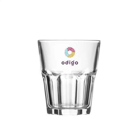 Tumbler glas geïnspireerd op klassiek Amerikaans design. Stapelbaar. Inhoud 270 ml.