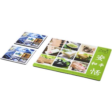 Features a Q-Mat mouse mat and a set of two matching coasters branded with your company design. The set comprises of a rectangular mousemat (0.3 x 23.5 x 20 cm) and two square coasters (0.3 x 9.8 x 9.8 cm).