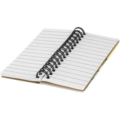 Boekje met 25 sticky notes in 5 kleuren en een notitieblok met 25 pagina's sticky notes en 40 pagina's gelinieerd wit papier. Met liniaal op de voorzijde.