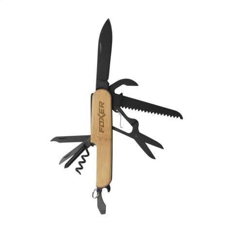 Couteau de poche avec un manche en bambou certifié FSC 100%.. Les outils en acier inoxydable sont revêtus de Nitro Compound. 9 pièces avec 11 fonctions : un couteau, un tire-bouchon, un ouvre-boîtes, un ouvre-bouteille avec un petit tournevis, un tournevis cruciforme, des ciseaux, un poinçon et une scie à bois. Avec un porte-clés. Chaque produit est livré dans une boîte en kraft certifiée FSC 100%. Attention, la législation en vigueur s'applique concernant la possession et / ou le transport de couteaux ou d'outils multifonctions en public. Par pièce dans une boîte kraft certifiée FSC.