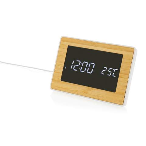 Grande horloge en ABS recyclé certifié RCS et FSC® 100% bambou. Teneur totale de matières recyclées : 76% en fonction du poids total de l'article. Le certification RCS garantît une chaîne d'approvisionnement entièrement certifiée des matérieaus recyclés. Ecran LED de haute qualité.  Différentes fonctions : horloge, alarme, calendrier, température. Option de 12/24 heures, Fahrenheit/Celsius et enregistrement d'humidité. Contient un câble de 100cm de type C fabriqué à partir de TPE recyclé certifié RCS. Emballée dans une boîte kraft FSC® mix.<br /><br />PVC free: true