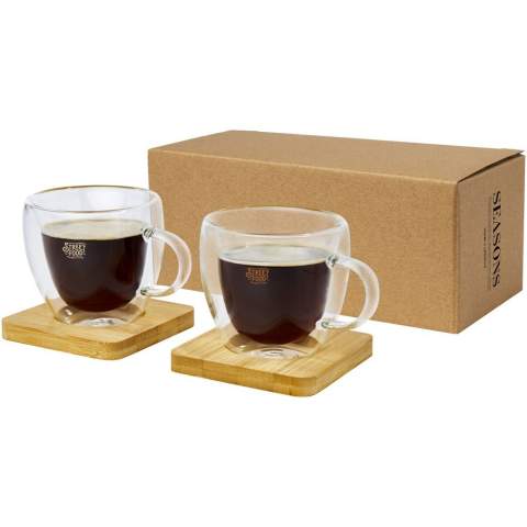 A set of 2 double-wall thermal glasses with bamboo coaster. The bamboo comes from sustainable, environmentally, and socially responsible sources. Thanks to the double borosilicate glass, the temperature of the drink is retained for a long time. Volume capacity is 100 ml. Coaster size: 8 x 8 x 1 cm.