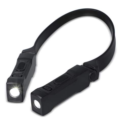Lampe de cou rechargeable mains libres avec deux lumières SMD offrant 80 lumens. Trois modes disponibles : 100 %, 50 % et éteint. Légère et pratique pour les tâches nécessitant un éclairage mains libres.