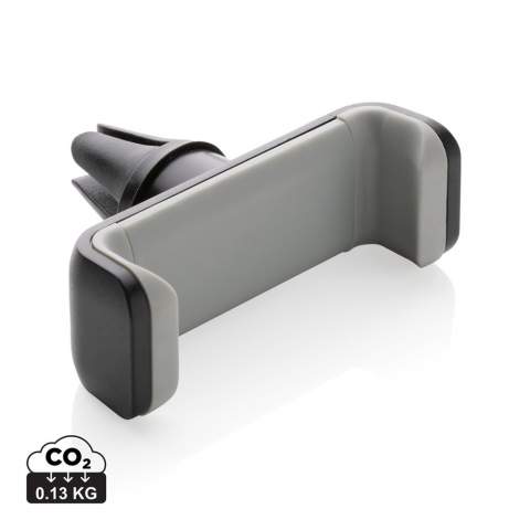 Universal and 360 degree rotatable car mount made with RCS (Recycled Claim Standard) certified recycled ABS. Total recycled content: 37% based on total item weight. RCS certification ensures a completely certified supply chain of the recycled materials. Simply click the item on your air vent and place your mobile phone (up to 6”) in the holder. Made out of heat resistant recycled ABS and strong silicone to make the item long lasting and prevent it from falling off your air vent while driving. With stainless steel mechanism inside to ensure your phone stays in place