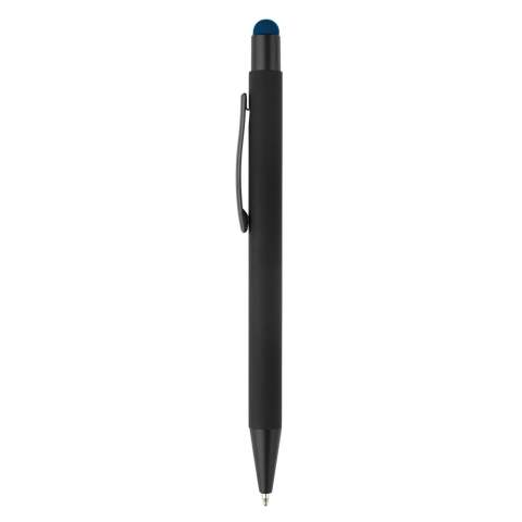 Eleganter Metall Kugelschreiber mit schwarzen Besätzen. Der Kugelschreiber wird gelasert und das Logo erscheint in der Farbe des Stylus Tip. Schriftfarbe: blau. 