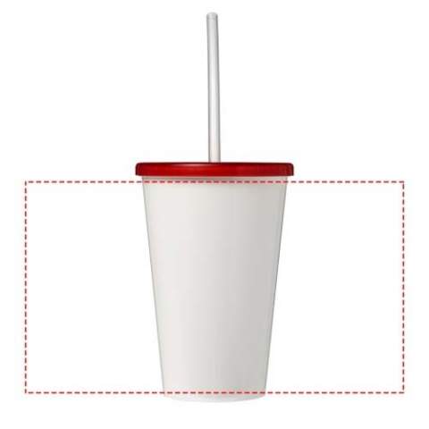 Double-wall insulated tumbler. Tumbler features a full colour wraparound design moulded to the product, making it long-lasting and durable. Supplied with a flexible silicone straw. Volume capacity is 350 ml. Made in the UK. Packed in a home-compostable bag.