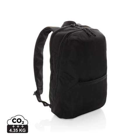 Look sharp in and out of the office with this sleek looking minimalistic design backpack. The backpack features a separate 15.6 inch laptop compartment and a zipper front pocket. The exterior material and lining is made with recycled polyester. With AWARE™ tracer that validates the genuine use of recycled materials. Each bag  has reused 32.7 0.5L PET bottles. 2% of proceeds of each Impact product sold will be donated to Water.org. PVC free.<br /><br />FitsLaptopTabletSizeInches: 15.6<br />PVC free: true