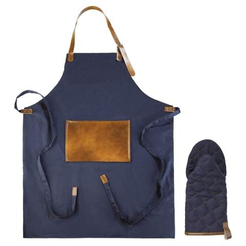 Trendy apron in heavy quality material with a PU front pocket and a matching mitt. A perfect item for the grill masters among us. Comes packaged in a gift box.