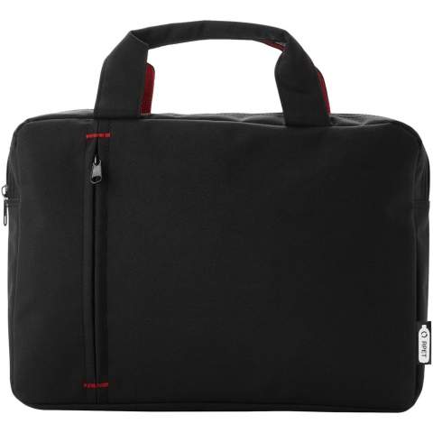 Conference bag made of recycled PET plastic featuring a zippered main compartment and front zipper pocket, with reinforced top carry handles and trendy color contrast elements.