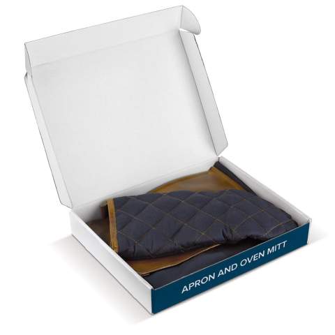 Trendy apron in heavy quality material with a PU front pocket and a matching mitt. A perfect item for the grill masters among us. Comes packaged in a gift box.