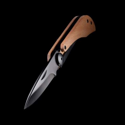 Luxury design folding knife with high quality black stainless steel (420) blade. The knife comes with an integrated lock and clip on the back. Blade is food safe . Rockwell hardness 40-45. Packed in FSC mix kraft box. Registered design®<br /><br />PVC free: true