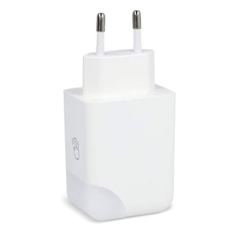 This 65W GaN power adapter is designed for fast and efficient charging of laptops, tablets, and smartphones. It features a USB-A port with up to 18W output and a Type-C port with up to 65W output. When both ports are used simultaneously, it provides a max of 9W output per port. The smart charging indication light not only shows the charging status but also turns off once the device is fully charged, and can be manually switched off by touching. The compact and practical design makes it easy to use.  It is made from anti-fire recycled plastic ensuring safety and sustainability. Whether you're at home, in the office, or on the go, this adapter is a reliable power solution for all your devices.