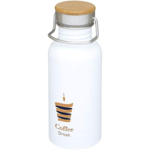 Bouteille en acier inoxydable à simple paroi avec couvercle vissé. Le couvercle dispose d’un dessus en bambou, ainsi que d’une poignée pour un transport facile. Capacité de 550 ml. Présentée dans une boîte cadeau Avenue.