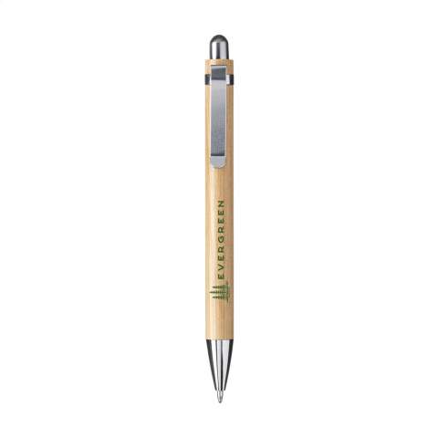 WoW! Blauschreibender oder schwarzschreibender Kugelschreiber mit Bambusgehäuse und Metall-Clip. Für umweltfreundliche Werbung.