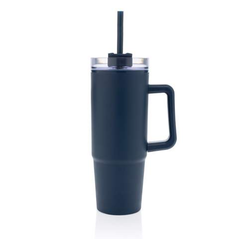 Introducing the Tana double wall plastic tumbler, a 900ml tumbler made from 80% recycled material for low impact hydration. Whether you're working, exercising, or travelling, this tumbler is your ideal companion. The advanced lid features a rotating cap with three positions: a spill-resistant straw opening, a sipping spout, and a fully sealed lid. The ergonomic handle with comfort-grip inserts ensures easy carrying and the slim base fits most car cup holders. Hand wash only. Total recycled content: 80% based on total item weight. BPA free. Capacity 900ml. Including FSC®-certified kraft gift packaging.