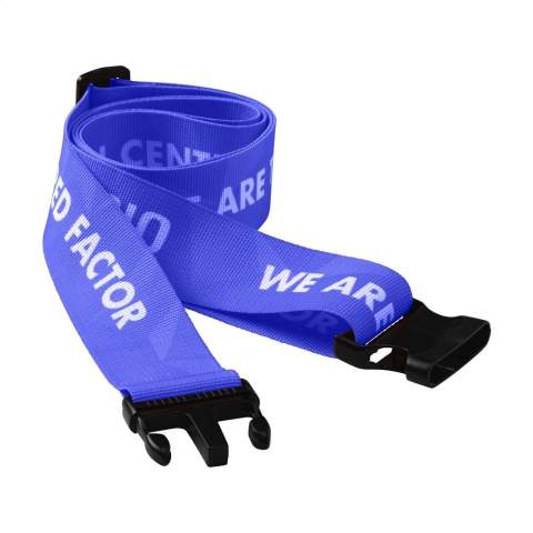 Luggage strap made from sturdy polyester with a plastic click closure. Including a personalised full colour print on both sides. Also possible with different designs on the front and back. Adjustable to a minimum of 130 cm and a maximum of 190 cm. The wide strap provides extra strength and recognition of your suitcase.