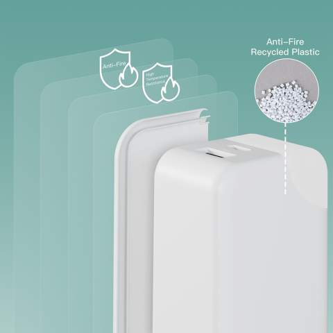 This 65W GaN power adapter is designed for fast and efficient charging of laptops, tablets, and smartphones. It features a USB-A port with up to 18W output and a Type-C port with up to 65W output. When both ports are used simultaneously, it provides a max of 9W output per port. The smart charging indication light not only shows the charging status but also turns off once the device is fully charged, and can be manually switched off by touching. The compact and practical design makes it easy to use.  It is made from anti-fire recycled plastic ensuring safety and sustainability. Whether you're at home, in the office, or on the go, this adapter is a reliable power solution for all your devices.