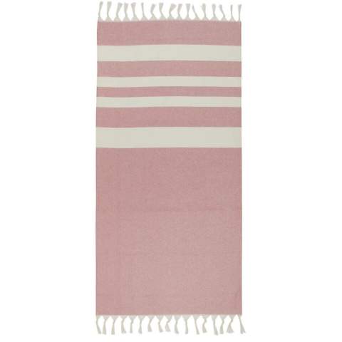 The Anders hammam towel provides luxurious comfort with generous dimensions (147 x 75.5 cm), ensuring plenty of coverage whether you're lounging by the pool or enjoying a day at the beach. The towel has elegant tassels at both ends, and is made of 30% cotton, 35% GRS certified recycled cotton and 35% GRS certified recycled polyester, 180 g/m².
