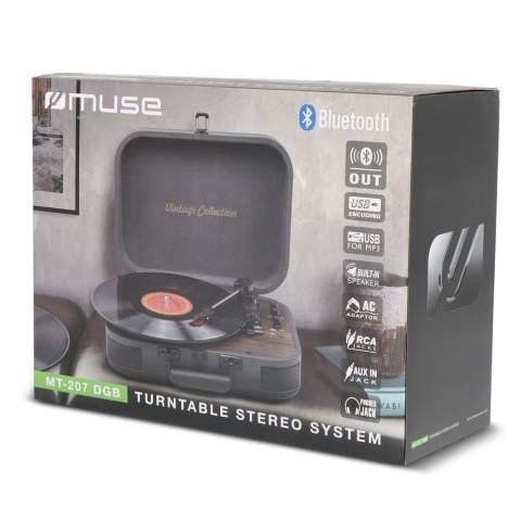 Experience the nostalgic charm of vinyl with this Muse Suitcase turntable. The ideal combination of vintage and modern convenience. Enjoy the warm sound of vinyl records.
The built-in speakers deliver clear and balanced sound with an output power of 2x5W, ideal for quick listening sessions. With the Bluetooth Out function you can easily stream to wireless speakers or headphones, while the USB encryption makes it easy to convert your favorite albums to digital MP3 format. Turn any listening experience into a vintage party.