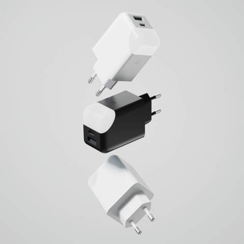 This 65W GaN power adapter is designed for fast and efficient charging of laptops, tablets, and smartphones. It features a USB-A port with up to 18W output and a Type-C port with up to 65W output. When both ports are used simultaneously, it provides a max of 9W output per port. The smart charging indication light not only shows the charging status but also turns off once the device is fully charged, and can be manually switched off by touching. The compact and practical design makes it easy to use.  It is made from anti-fire recycled plastic ensuring safety and sustainability. Whether you're at home, in the office, or on the go, this adapter is a reliable power solution for all your devices.