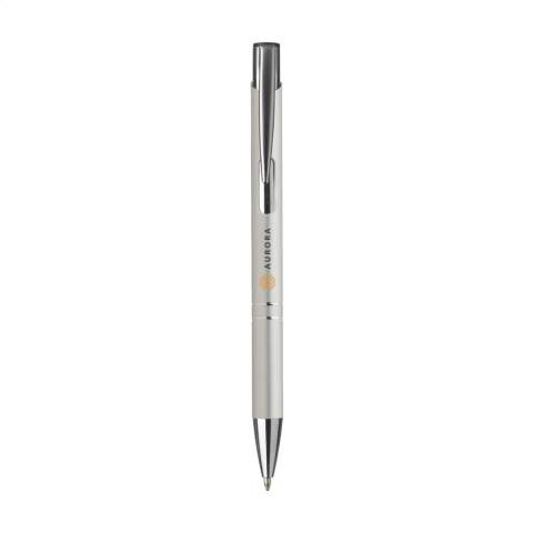Stylo à bille en aluminium à écriture bleue ou noire avec corps coloré mat d'aspect métallique et clip/bouton-poussoir en métal.